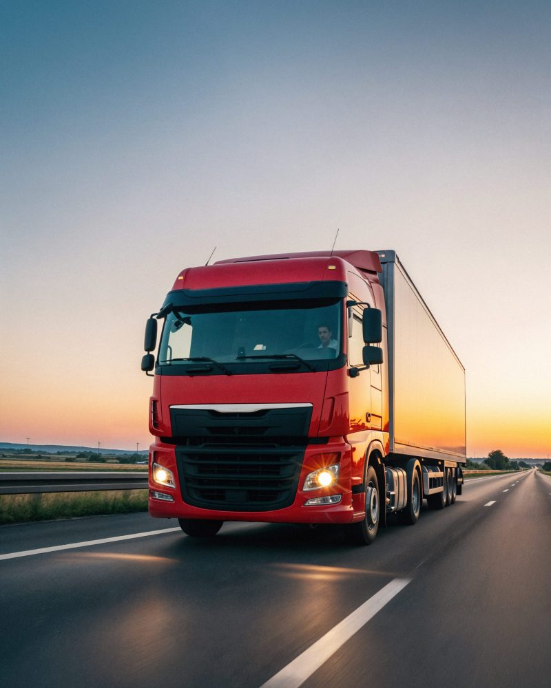 red-semi-truck-driving-highway-sunset